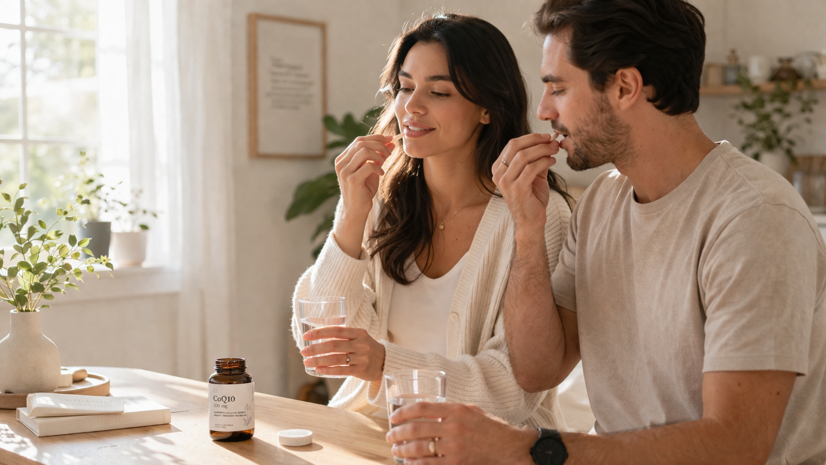 Man and woman taking CoQ10 fertility supplement capsule