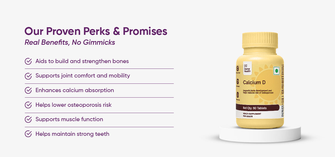 Calcium D supplement bottle with listed health benefits
