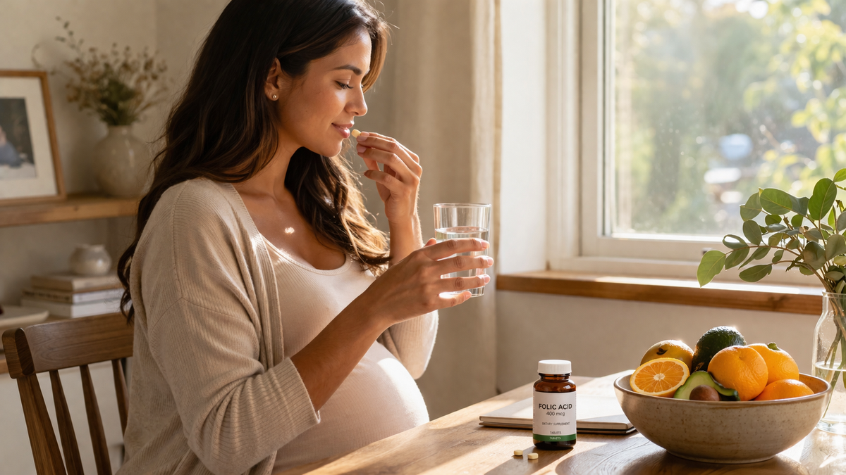 Pregnant woman holding folic acid supplement capsules