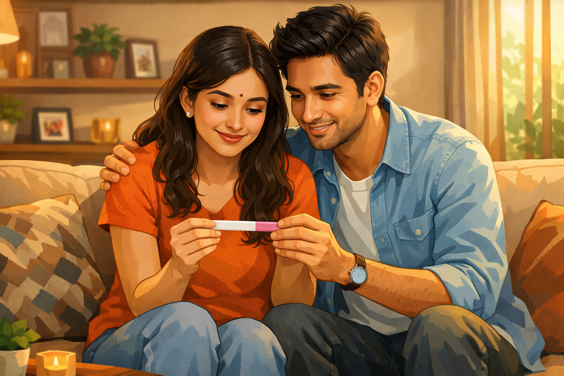 A couple looking at pregnancy test to become pregnant naturally 