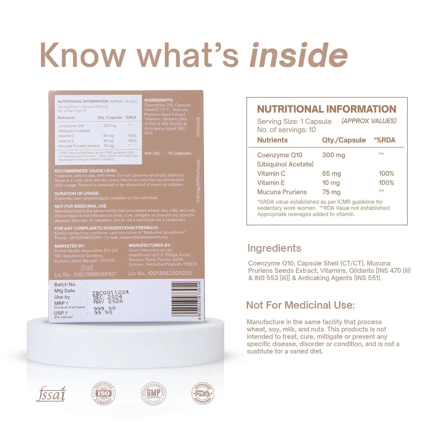 Bio-CoQ10 fertility supplement nutritional info and packaging