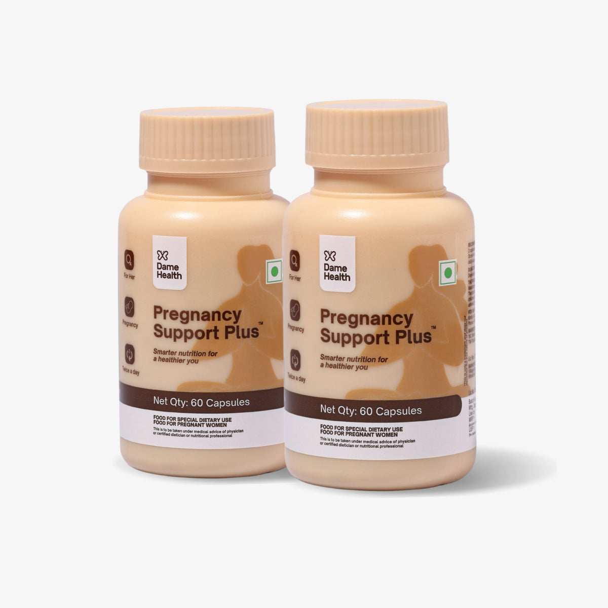 Two bottles of Dame Health Pregnancy Support Plus prenatal multivitamin, 60 capsules each