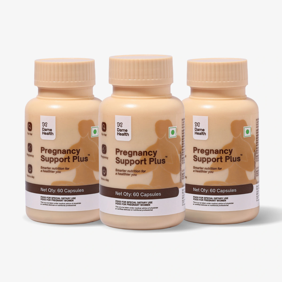 Three bottles of Dame Health Pregnancy Support Plus prenatal multivitamin