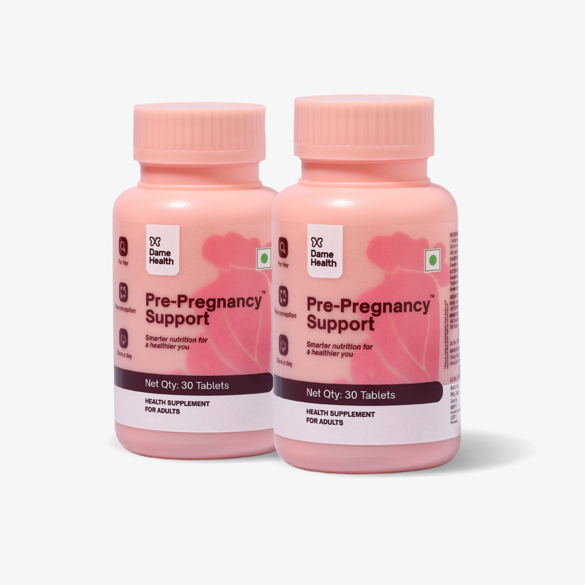Two bottles of Dame Health Pre-Pregnancy Support preconception multivitamin