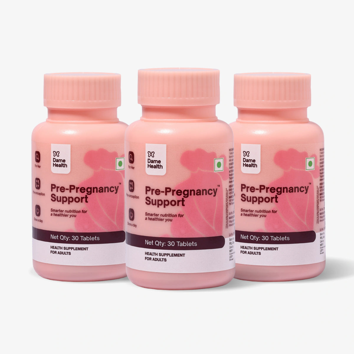 Three bottles of Dame Health Pre-Pregnancy Support preconception multivitamin
