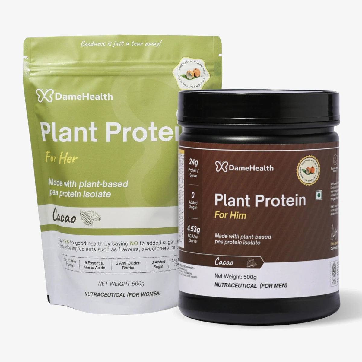 Couple Protein Bundle: Plant Protein for Her cacao pouch and Plant Protein for Him tub