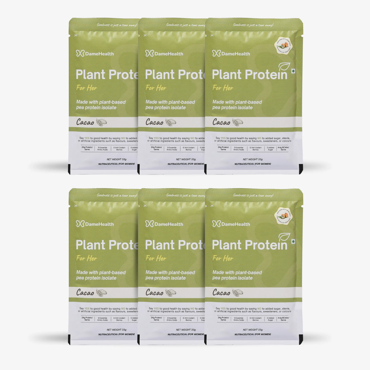 Dame Health Plant Protein for Her single-serve sachets, cacao flavour