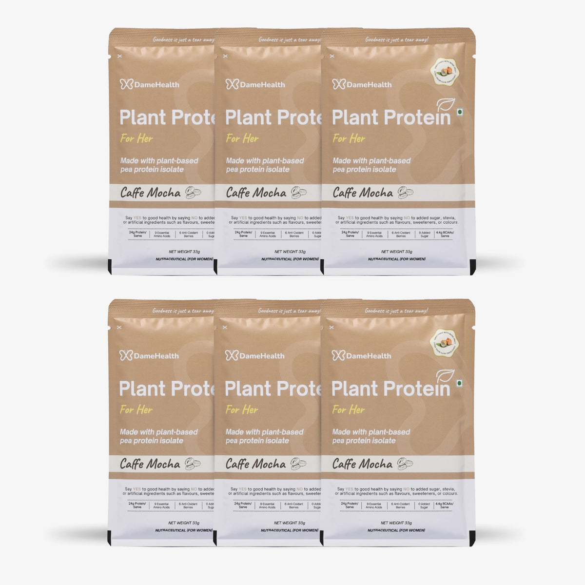 Dame Health Plant Protein for Her single-serve sachets, Caffe Mocha flavour