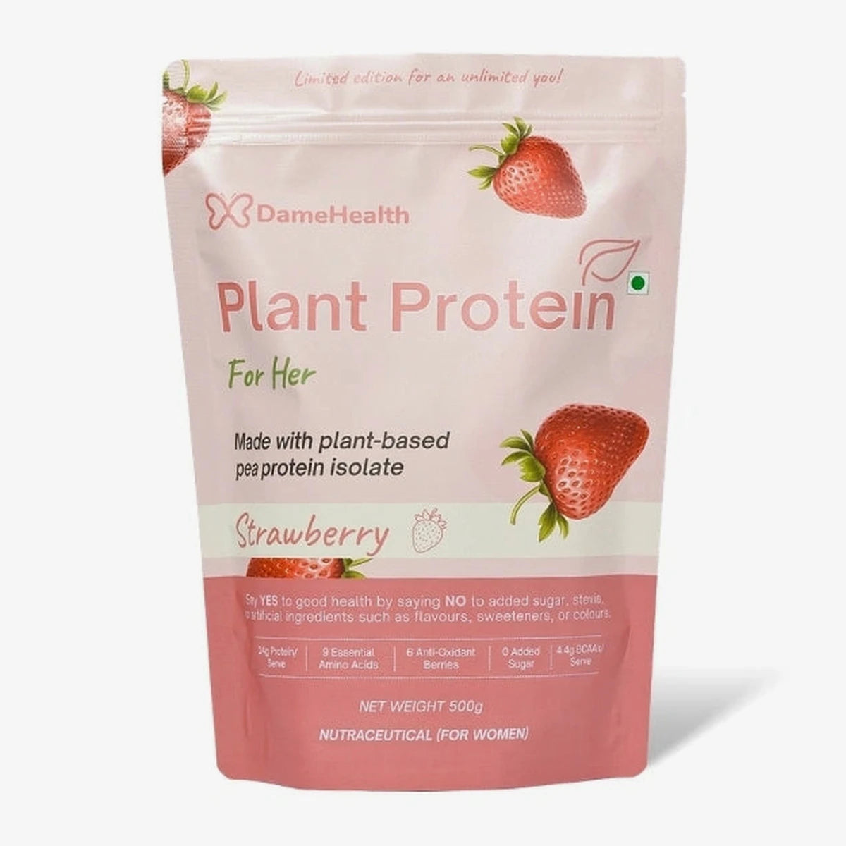 DameHealth Strawberry plant protein pouch 500g made with plant based pea-protein isolate
