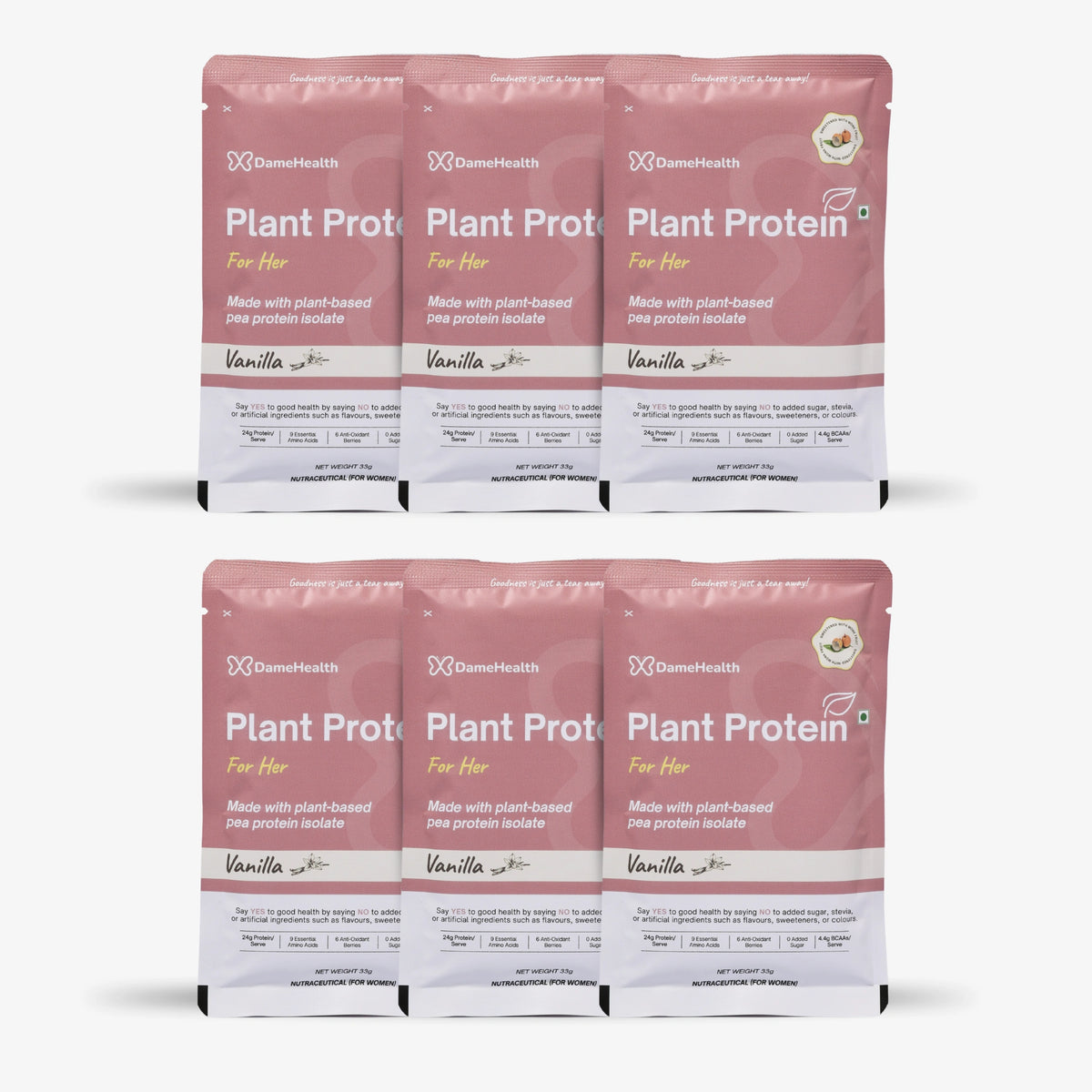 Dame Health Plant Protein for Her single-serve sachets, vanilla flavour
